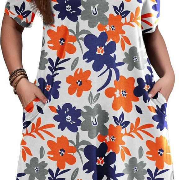 Women's Plus Size Summer Dress Floral Short Sleeve Casual Mini Pockets - Picture 2 of 4